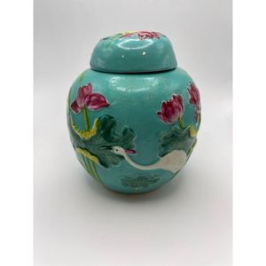 Teal vintage ginger jar crane floral